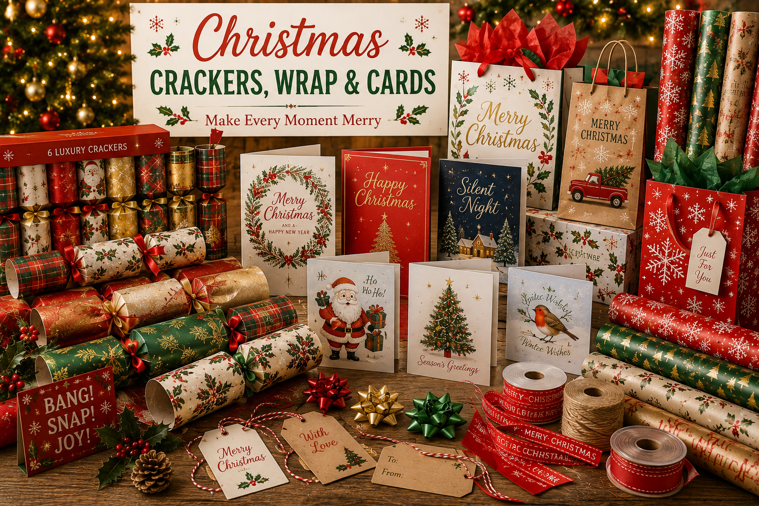 Crackers, wrap and cards